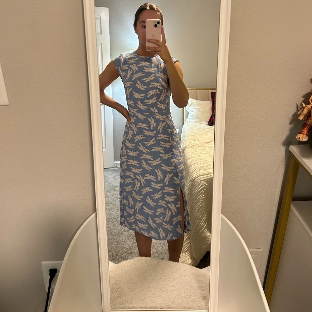 Petite Blue and White Butterfly Midi Dress